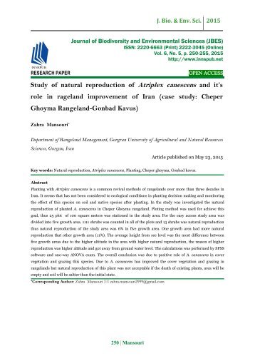 Study of natural reproduction of Atriplex canescens and it’s role in rageland improvement of Iran (case study: Cheper Ghoyma Rangeland-Gonbad Kavus)