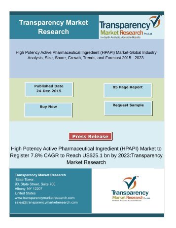 High Potency Active Pharmaceutical Ingredient (HPAPI) Market to Register 7.8% CAGR to Reach US$25.1 bn by 2023