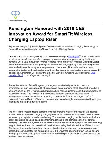 Kensington Honored with 2016 CES Innovation Award for SmartFit Wireless Charging Laptop Riser