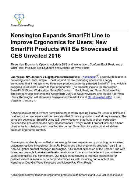 Kensington Expands SmartFit Line to Improve Ergonomics for Users; New SmartFit Products Will Be Showcased at CES Unveiled 2016