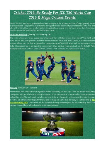 Cricket 2016: Be Ready For ICC T20 World Cup 2016 & Mega Cricket Events