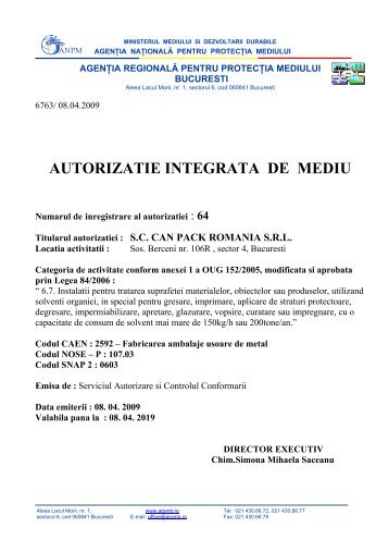 autorizatie integrata de mediu - Agentia Regionala pentru Protectia ...