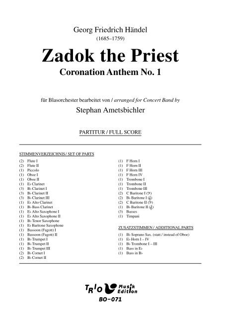 Zadok The Priest - Demopartitur (BO-071)