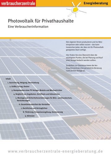 Photovoltaik für Privathaushalte - Verbraucherzentrale Niedersachsen