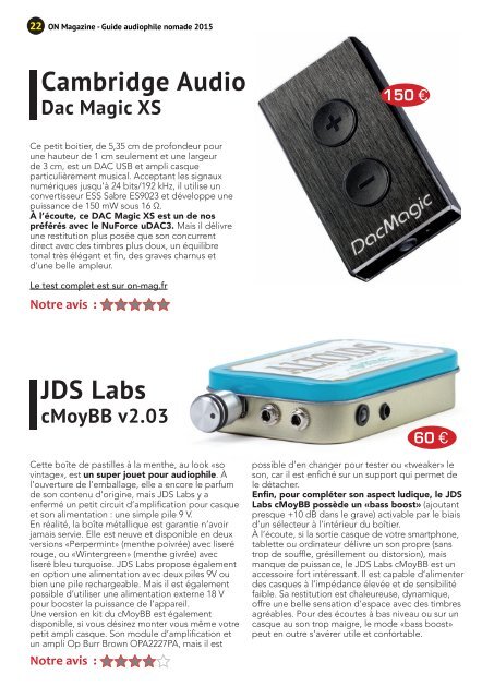 ON Magazine - Guide de l'audiophile nomade 2015