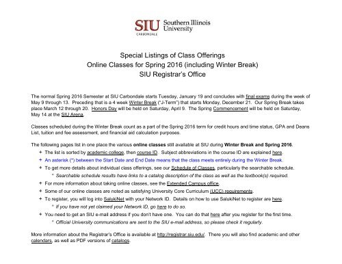 Online Classes for Spring 2016 (including Winter Break) SIU Registrar’s ...
