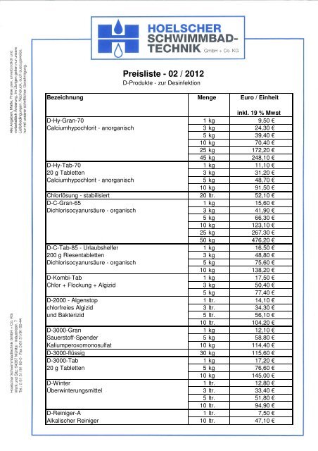 Preisliste - Hoelscher Schwimmbadtechnik GmbH & Co. KG