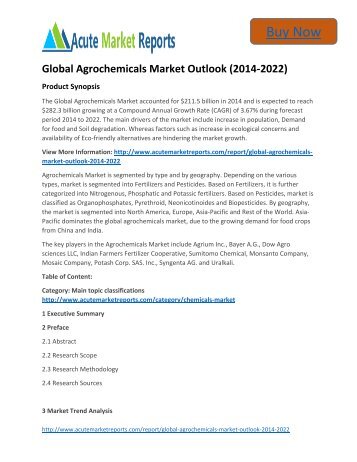 Global Agrochemicals Market 2014 to 2022 Strategies and Forecast Till,: Acute Market Reports