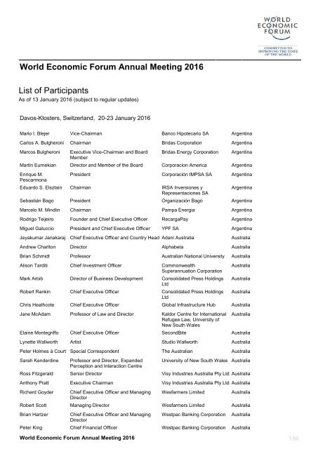 World Economic Forum Annual Meeting 2016 List of Participants