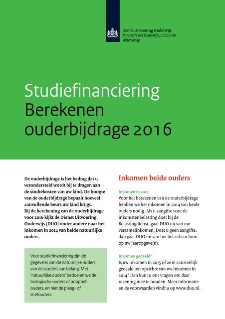 Studie financiering Berekenen ouderbijdrage 2016