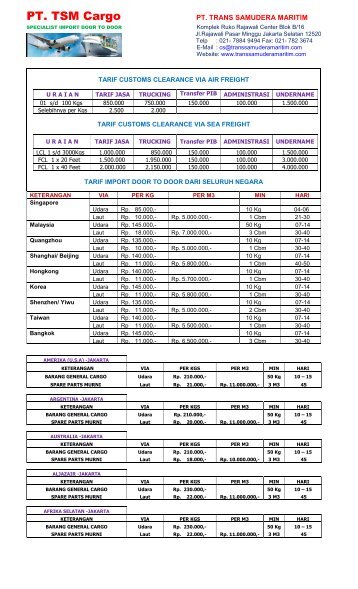 TARIF JASA KIRIMAN DOOR TO DOOR SERVICE