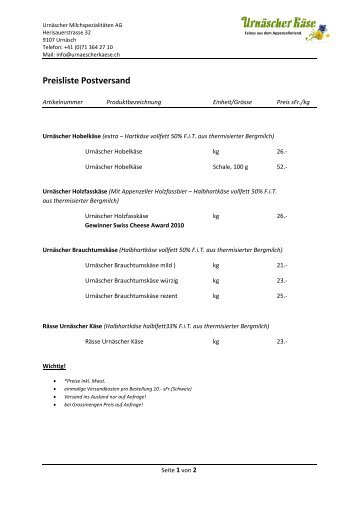 Preisliste Postversand - Urnäscher Käse