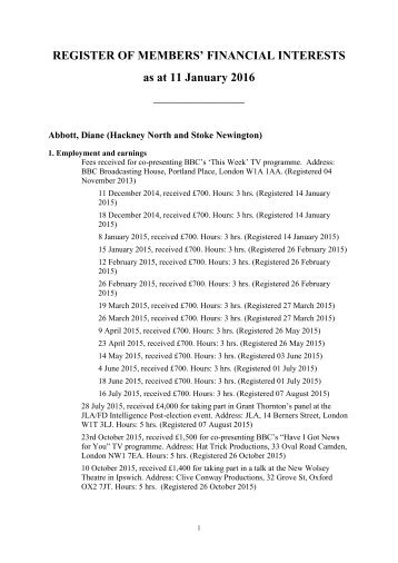 REGISTER OF MEMBERS’ FINANCIAL INTERESTS as at 11 January 2016