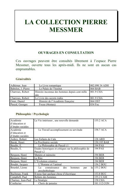 la collection pierre messmer ouvrages en consultation - Sarrebourg