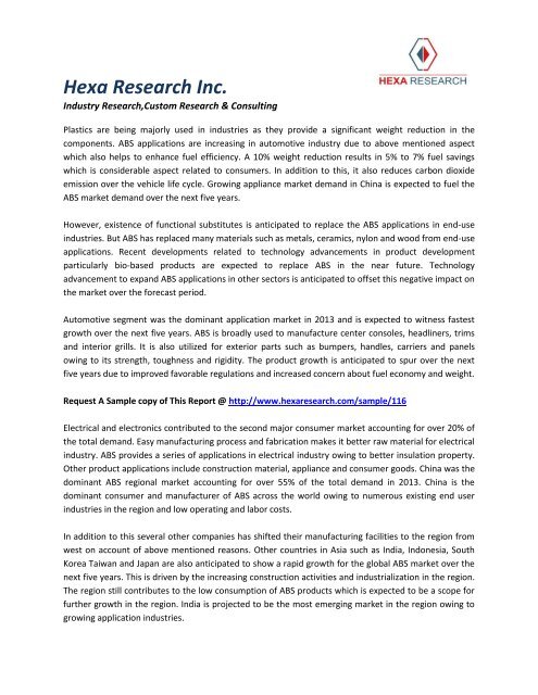 Acrylonitrile Butadiene Styrene (ABS) Market Analysis, Market Size, Application Analysis, Regional Outlook, Competitive Strategies And Forecasts, 2012 To 2020