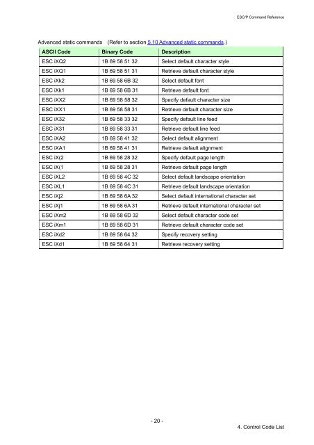 Brother RJ-4030 - Comandi ESCP