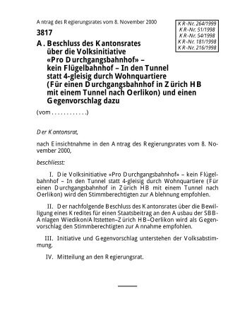 Antrag des Regierungsrates vom 8. Nov. 2000 zur - Kanton Zürich