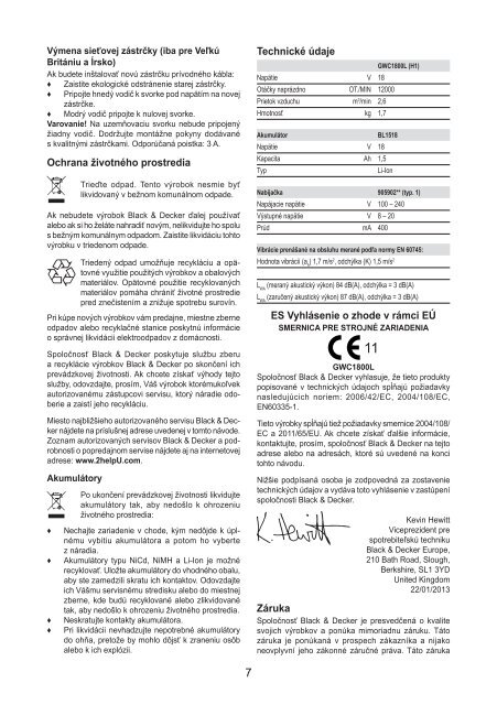BlackandDecker Soffiante Depress- Gwc1800 - Type H1 - Instruction Manual (Slovacco)