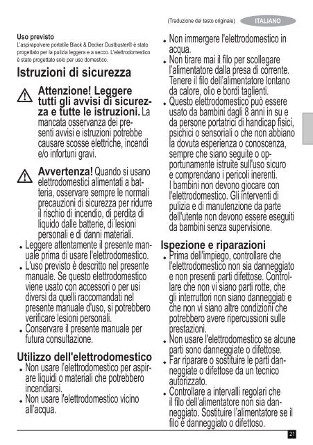 BlackandDecker Aspiratori Ricaricabili Portatili- Dv1210ecn - Type H1 - Instruction Manual (Europeo)