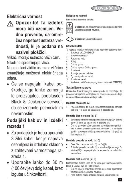 BlackandDecker Lavapavimenti A Vapore- Fsm1620 - Type 1 - Instruction Manual (Balcani)