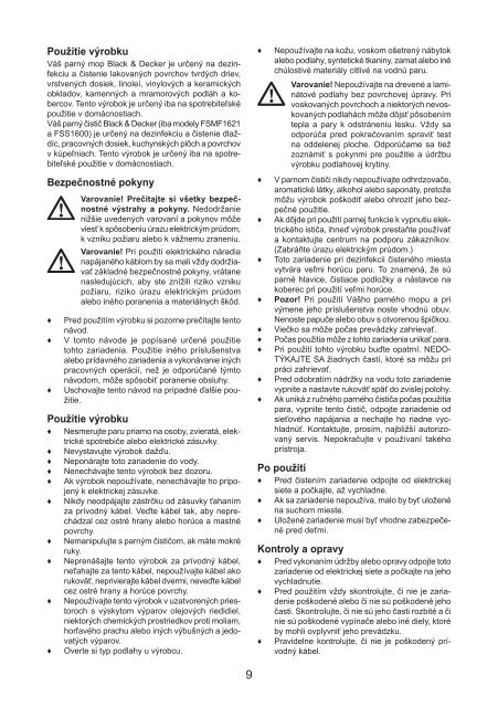 BlackandDecker Lavapavimenti A Vapore- Fsm1630 - Type 1 - Instruction Manual (Slovacco)
