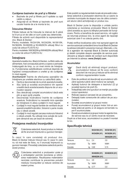 BlackandDecker Aspiratori Ricaricabili Portatili- Nv4820cn - Type H1 - Instruction Manual (Romania)