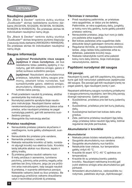 BlackandDecker Aspiratori Ricaricabili Portatili- Nv3620n - Type H1 - Instruction Manual (Lituania)