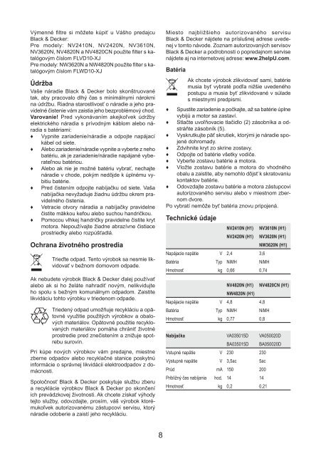 BlackandDecker Aspiratori Ricaricabili Portatili- Nv3620n - Type H1 - Instruction Manual (Slovacco)