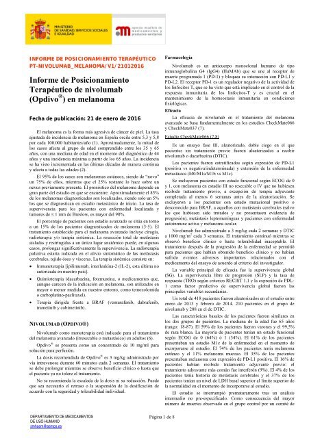 Informe de Posicionamiento Terapéutico de nivolumab (Opdivo ) en melanoma