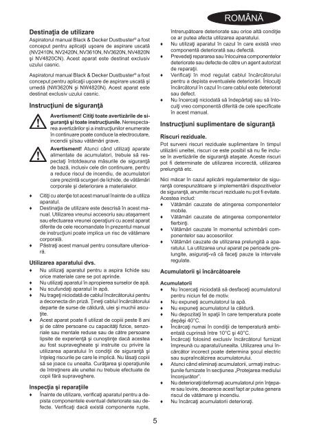 BlackandDecker Aspiratori Ricaricabili Portatili- Nv2420n - Type H1 - Instruction Manual (Romania)