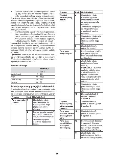 BlackandDecker Lavapavimenti A Vapore- Fsmh1621 - Type 1 - Instruction Manual (Czech)