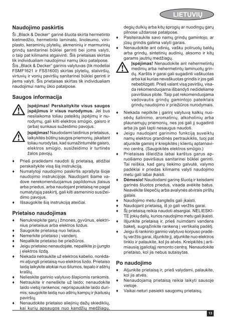 BlackandDecker Lavapavimenti A Vapore- Fsmh1621 - Type 1 - Instruction Manual (Lituania)