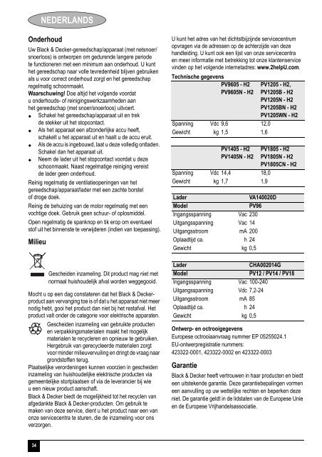 BlackandDecker Aspiratori Ricaricabili Portatili- Pv1805 - Type H2 - Instruction Manual (Europeo)