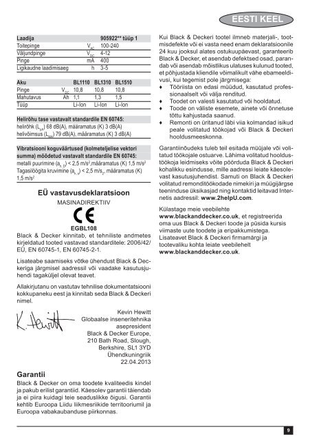 BlackandDecker Trapano Senza Cavo- Egbl108 - Type H1 - Instruction Manual (Estonia)