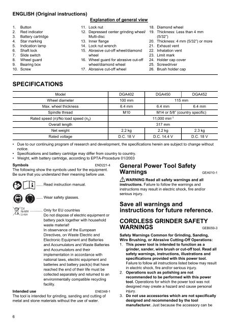 Makita SMERIGLIATRICE ANGOLARE 115mm 4,0Ah - DGA452 - Manuale Istruzioni