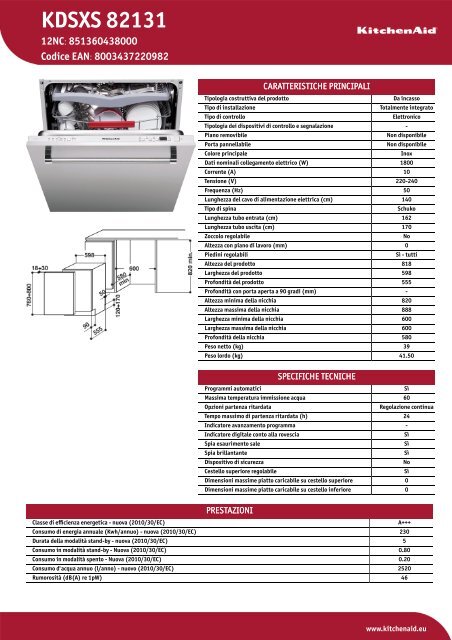 KitchenAid LAVASTOVIGLIE A SCOMPARSA TOTALE KDSXS 82131 - Scheda Tecnica - Italiano