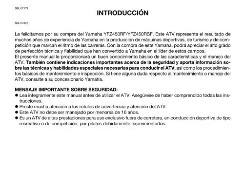 Yamaha YFZ450R - 2010 - Manuale d'Istruzioni Espa&ntilde;ol