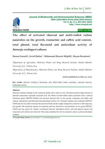 The effect of activated charcoal and multi-walled carbon nanotubes on the growth, rosmarinic and caffeic acid content, total phenol, total flavonoid and antioxidant activity of Satureja rechingeri calluses