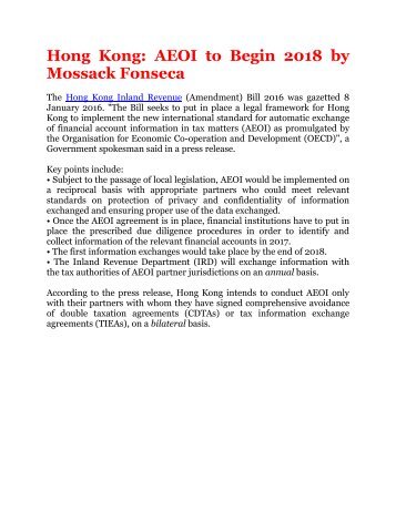 Hong Kong: AEOI to Begin 2018 by Mossack Fonseca