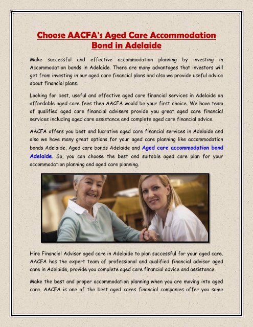 Choose AACFA's Aged Care Accommodation Bond in Adelaide