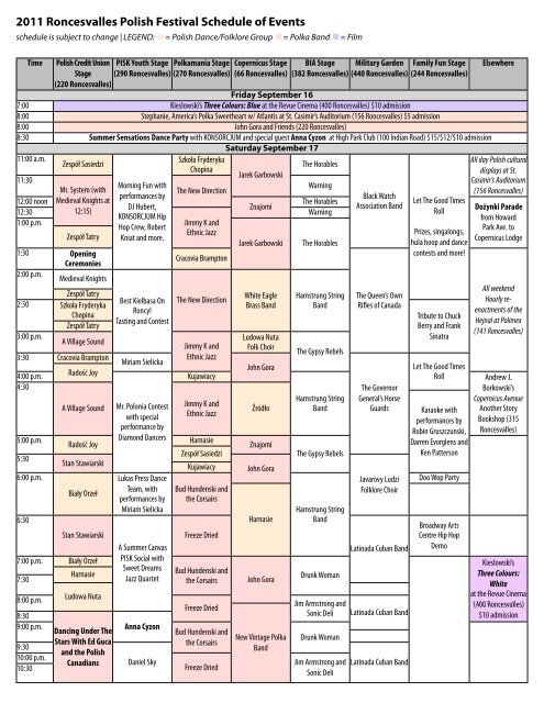 2011 Roncesvalles Polish Festival Schedule of Events