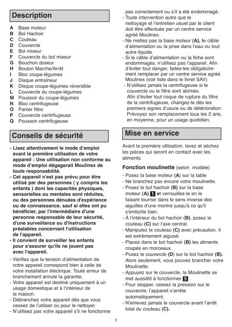 Moulinex hachoir la moulinette - DPA241 - Modes d'emploi hachoir la moulinette Moulinex