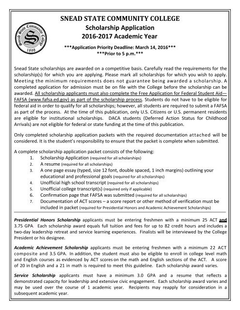 Scholarships For College Students 2016 >> Snead State Community College Scholarship Application 2016 Scholarships For College Students 2016 >> Snead State Community College Scholarship Application 2016