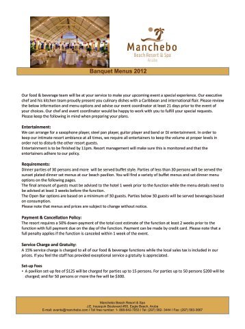 Manchebo Beach Resort & Spa Banquet Menu 2012 -