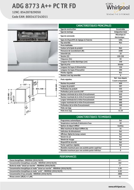 Whirlpool Lave-vaisselle PowerClean ADG 8773 A++ PC TR FD -  Productinformatie - Fran&amp;ccedil;ais