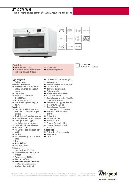 Whirlpool Micro-ondes Jet Chef Premium JT 479 WH - Productinformatie -  Fran\u0026amp;ccedil;ais