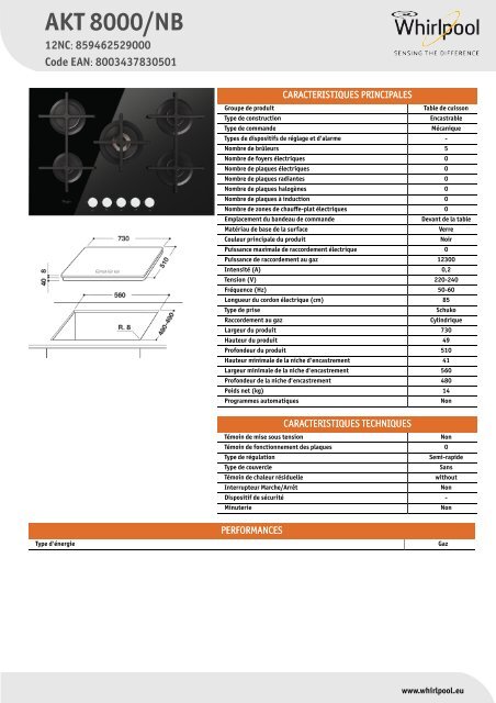 Whirlpool Table gaz 5 foyers - Grande largeur : 75 cm AKT 8000/NB - Productinformatie - Fran&ccedil;ais