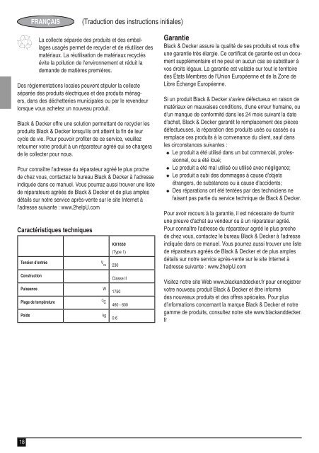 BlackandDecker Pistolet Thermique- Kx1650 - Type 1 - Instruction Manual (Europ&eacute;en)