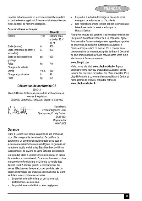 BlackandDecker Demarreur- Bdv012i - Type 1 - Instruction Manual (Europ&eacute;en)