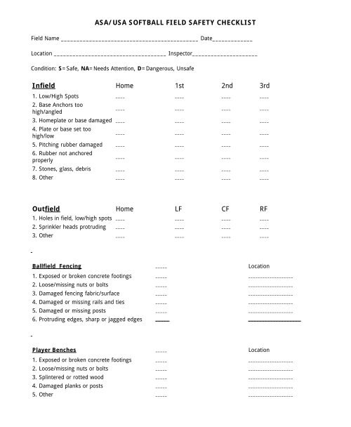 ASA/USA SOFTBALL FIELD SAFETY CHECKLIST Infield Home 1st